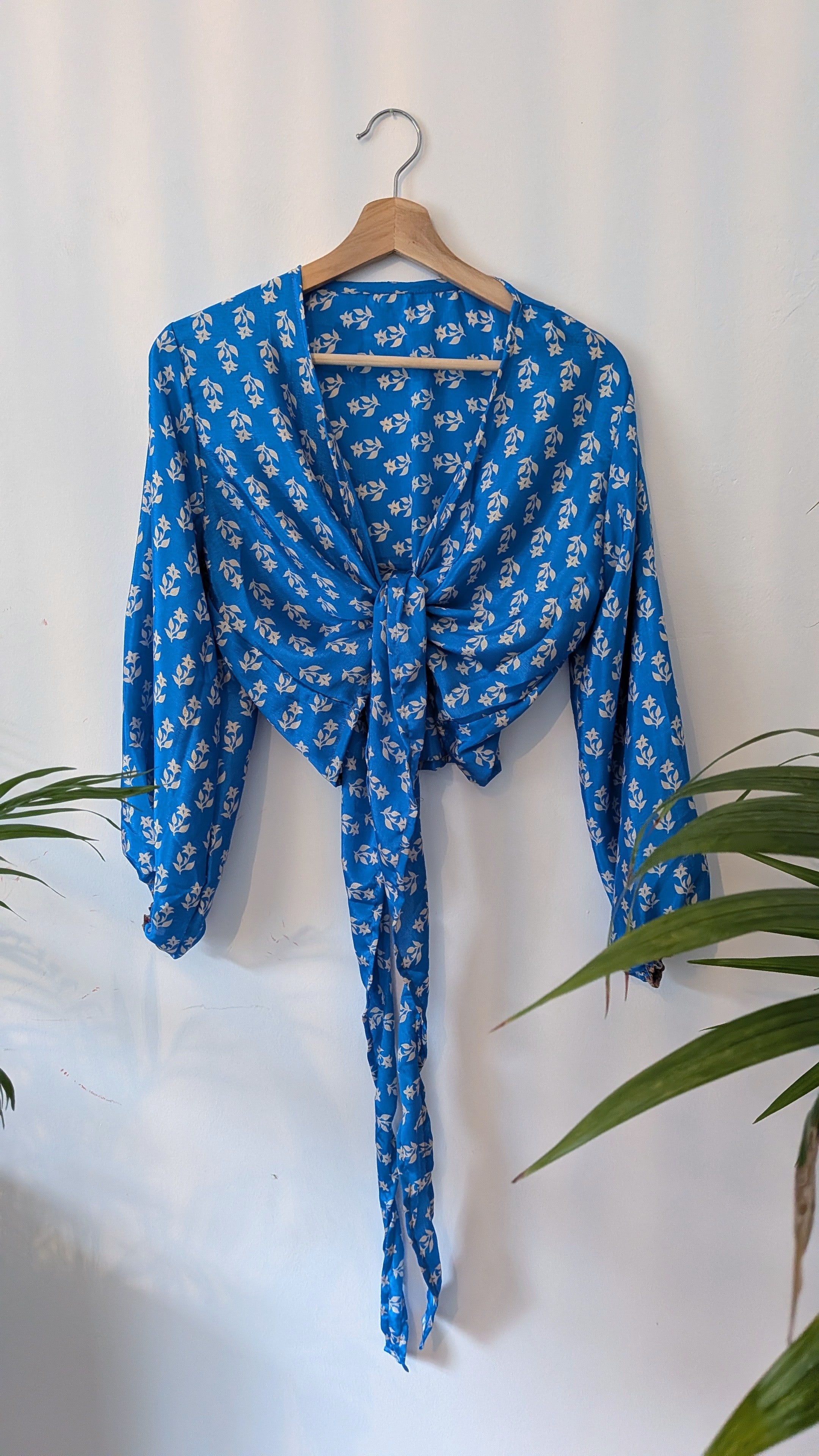 Wrap blouse with bishop sleeves