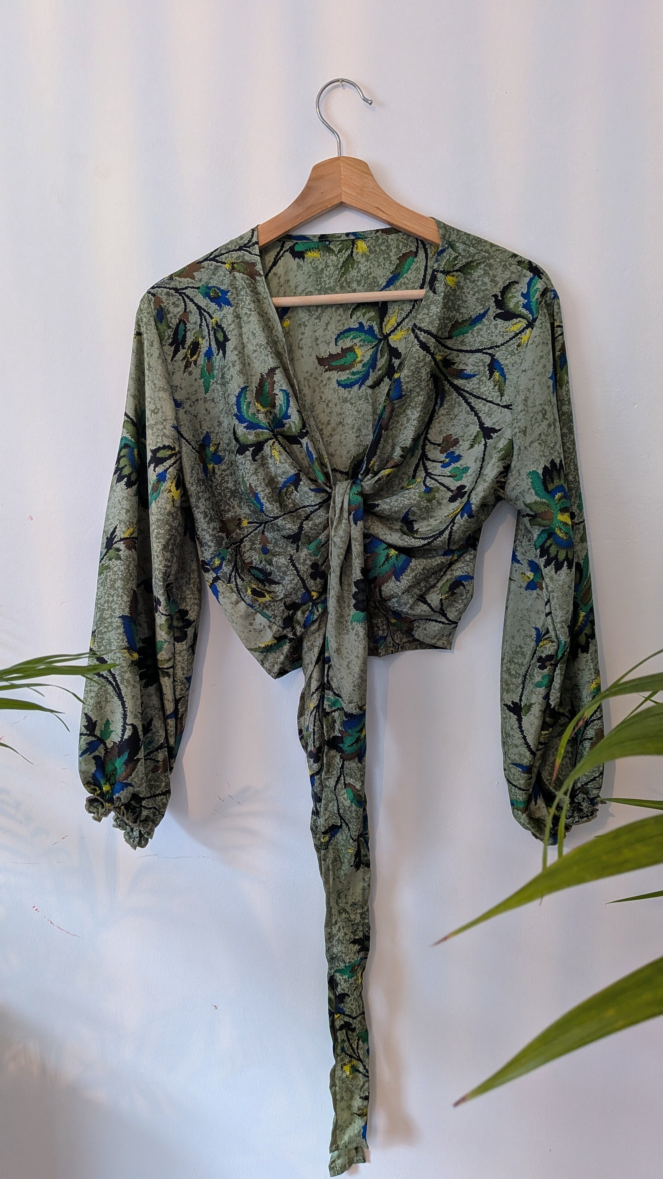 Wrap blouse with bishop sleeves