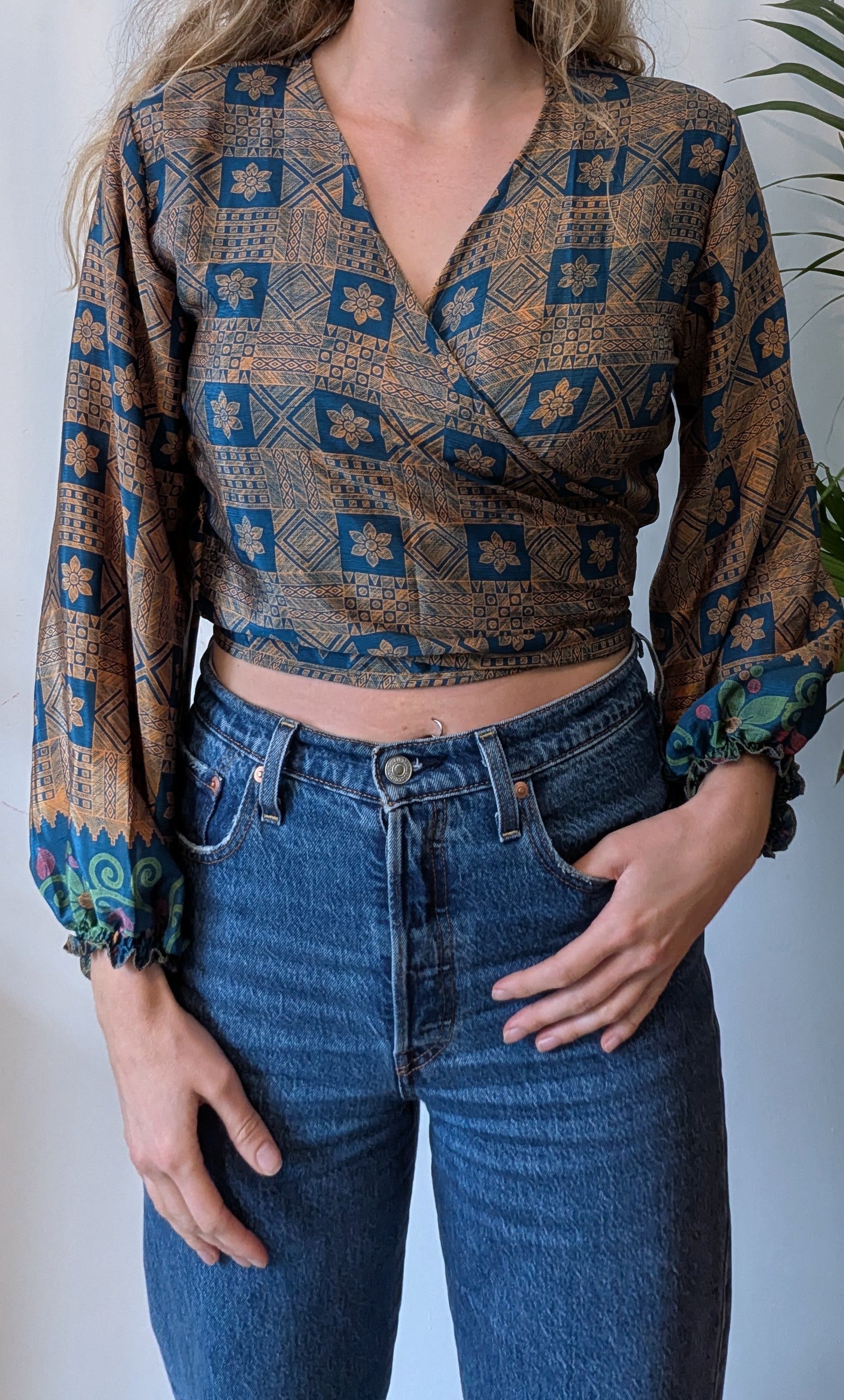 Wrap blouse with bishop sleeves