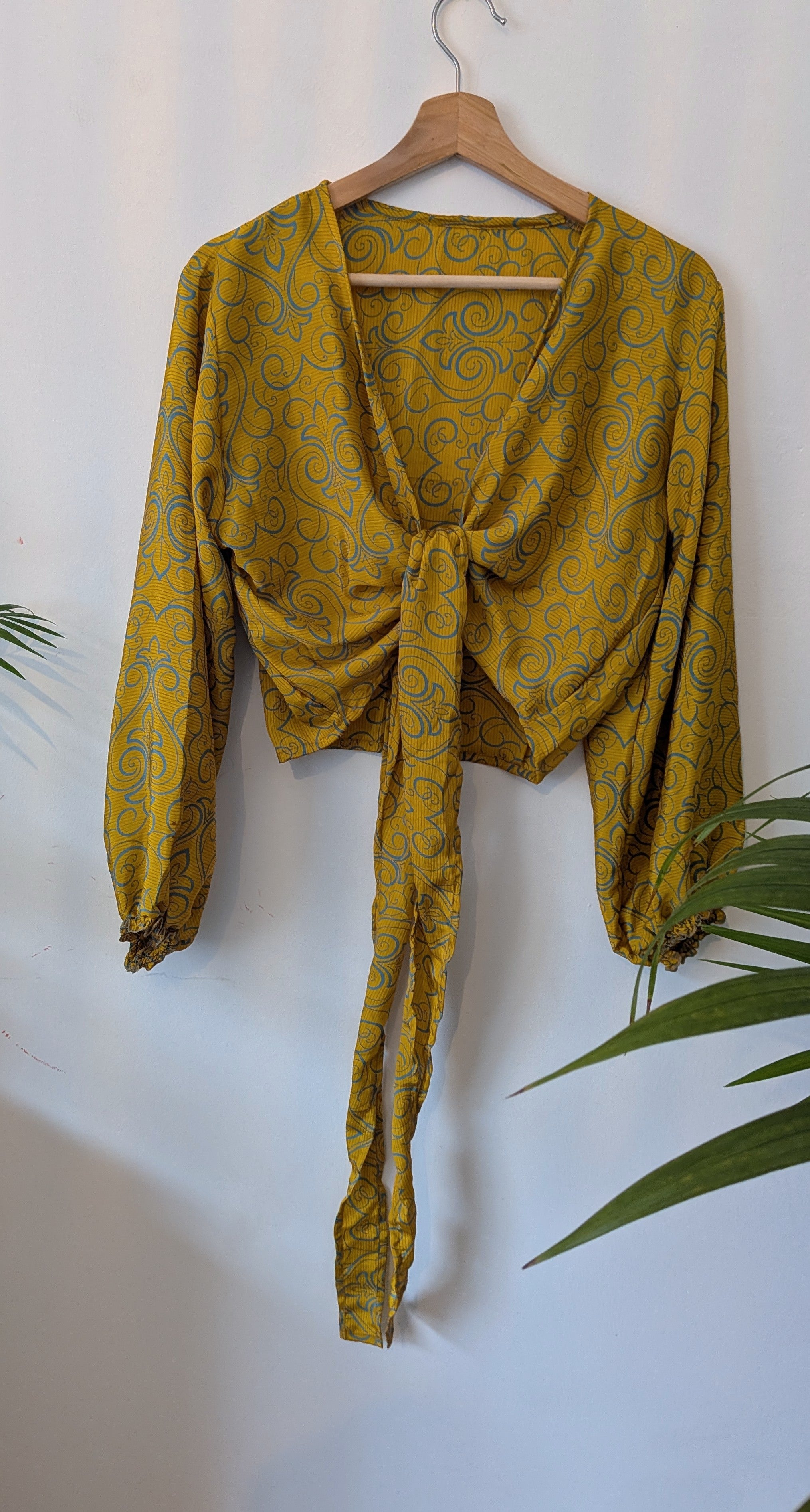 Wrap blouse with bishop sleeves