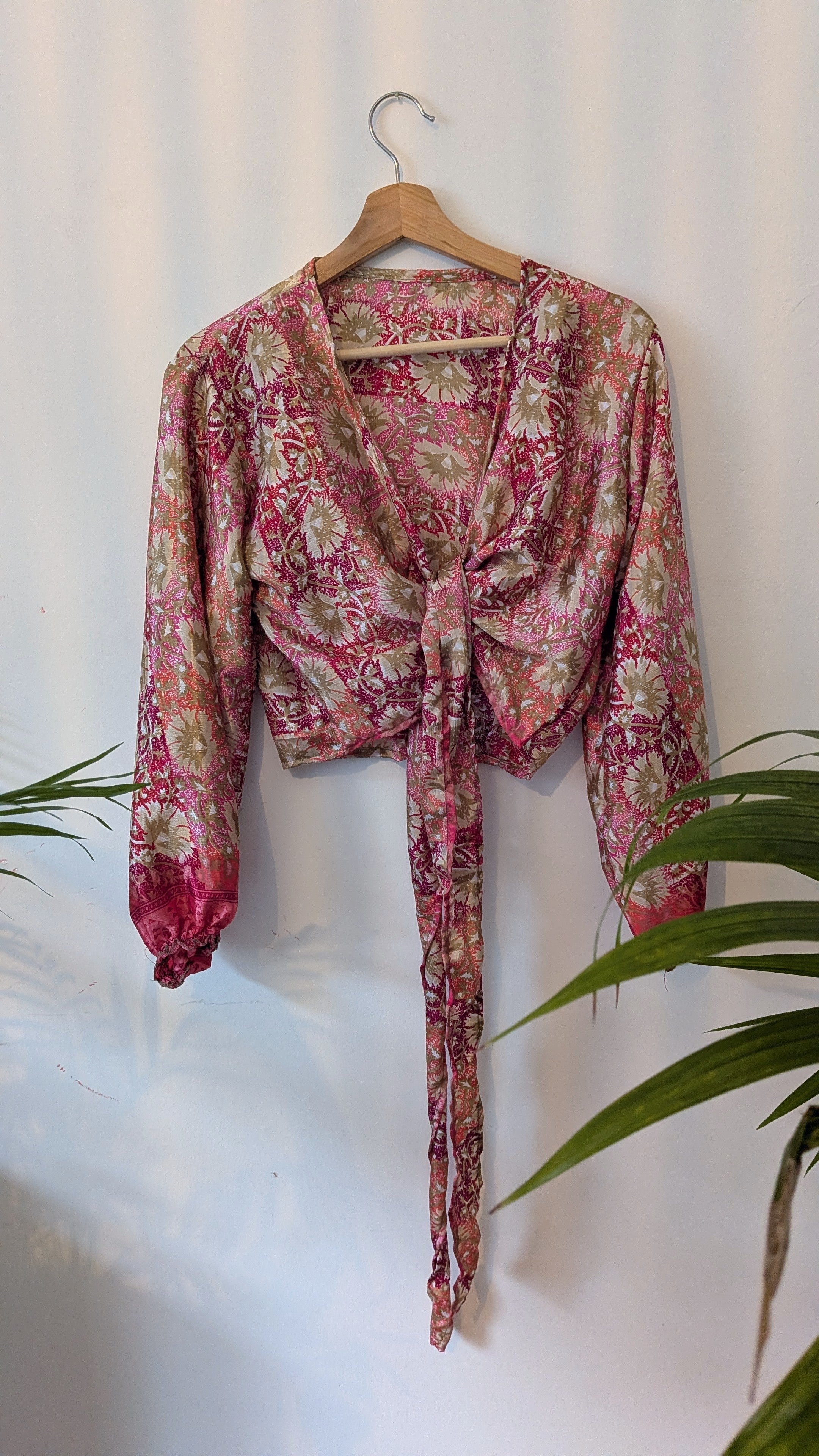 Wrap blouse with bishop sleeves