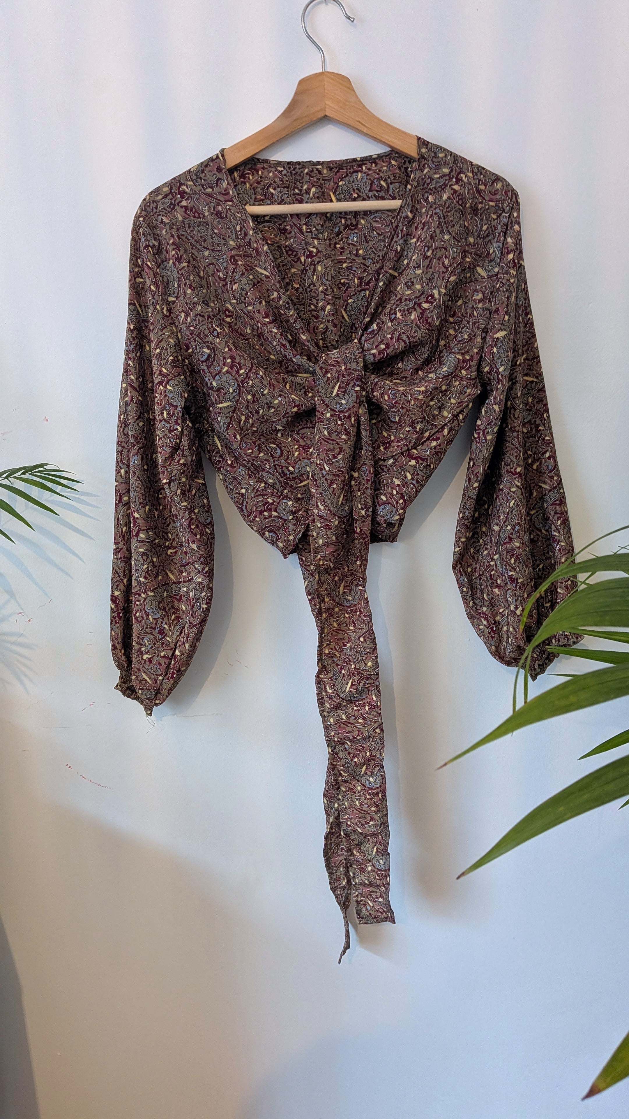 Wrap blouse with bishop sleeves