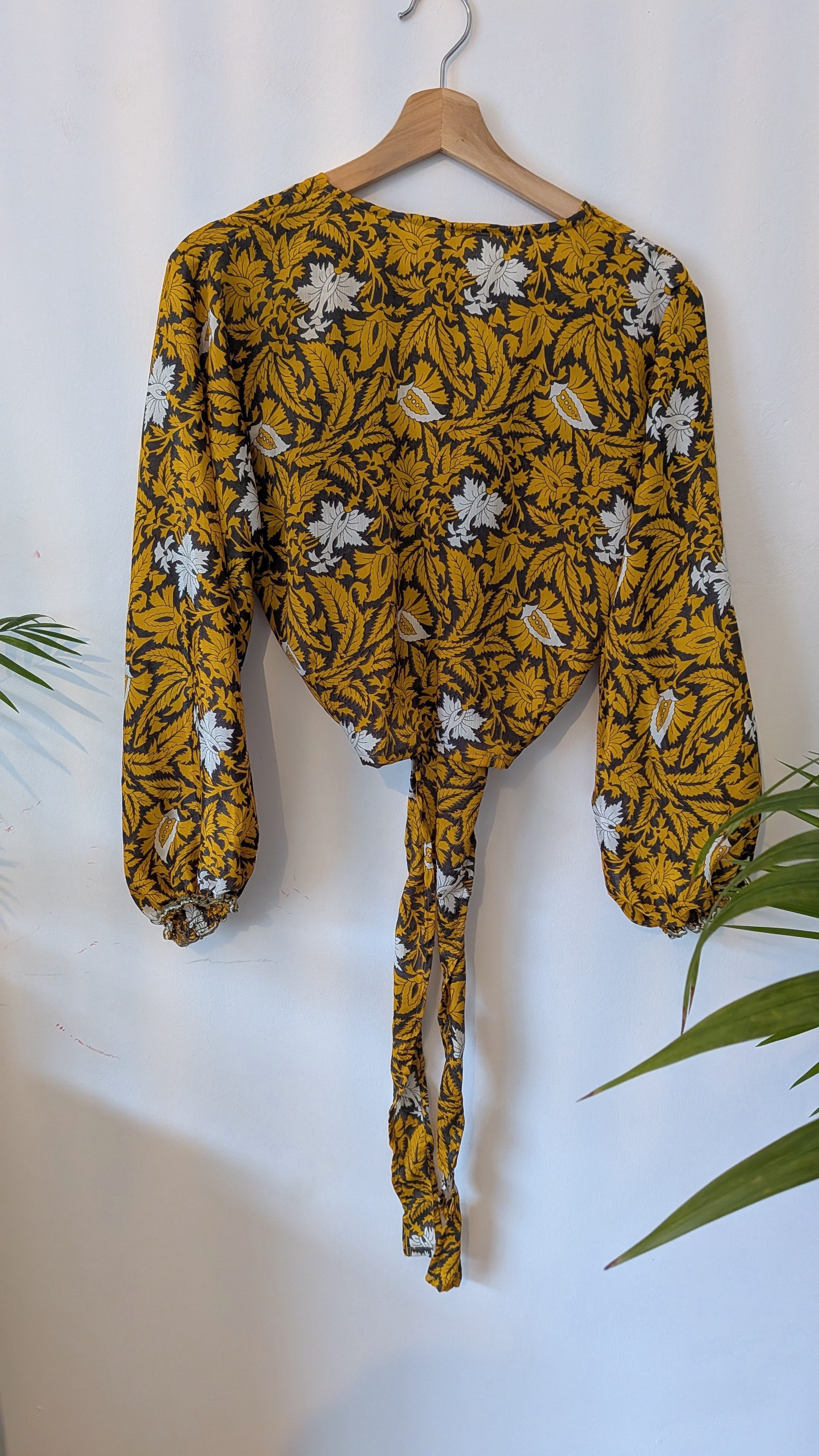 Wrap blouse with bishop sleeves