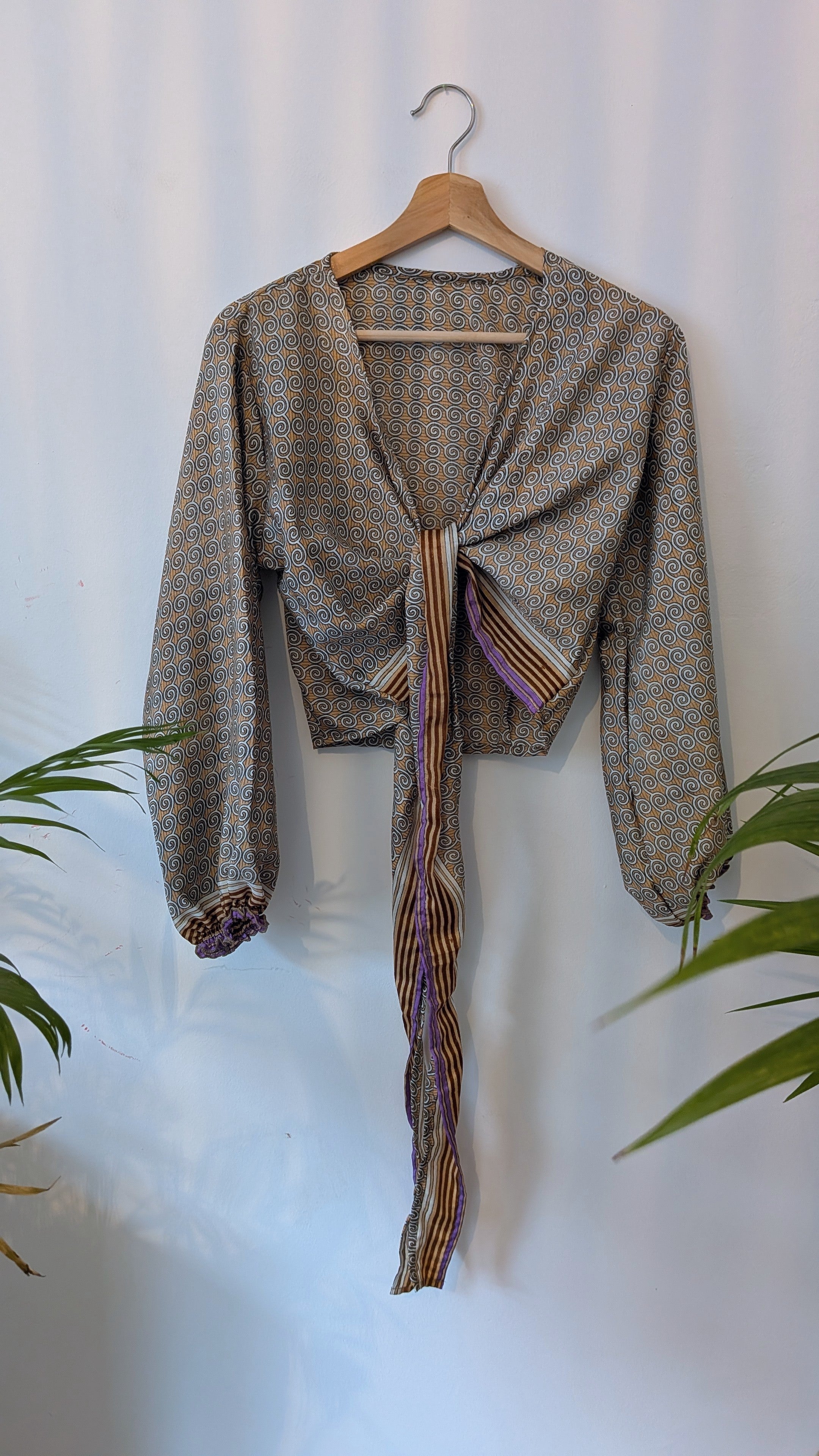 Wrap blouse with bishop sleeves