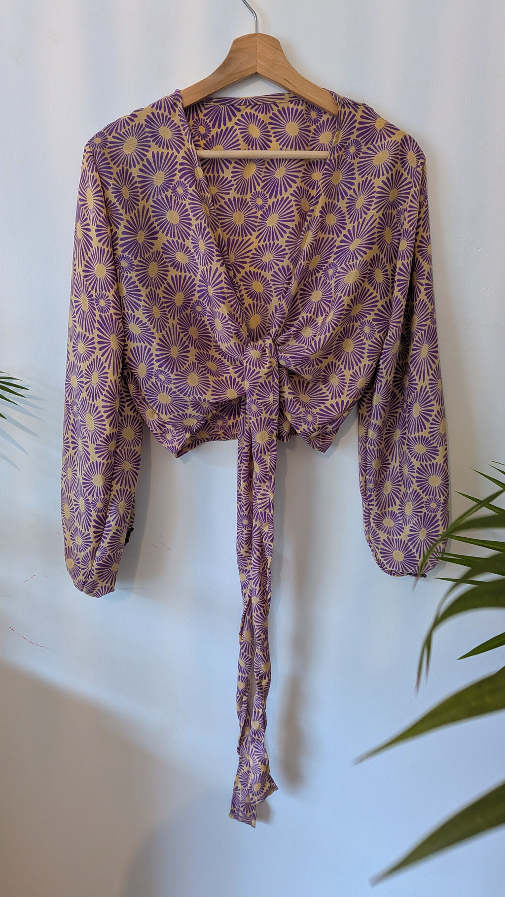 Wrap blouse with bishop sleeves
