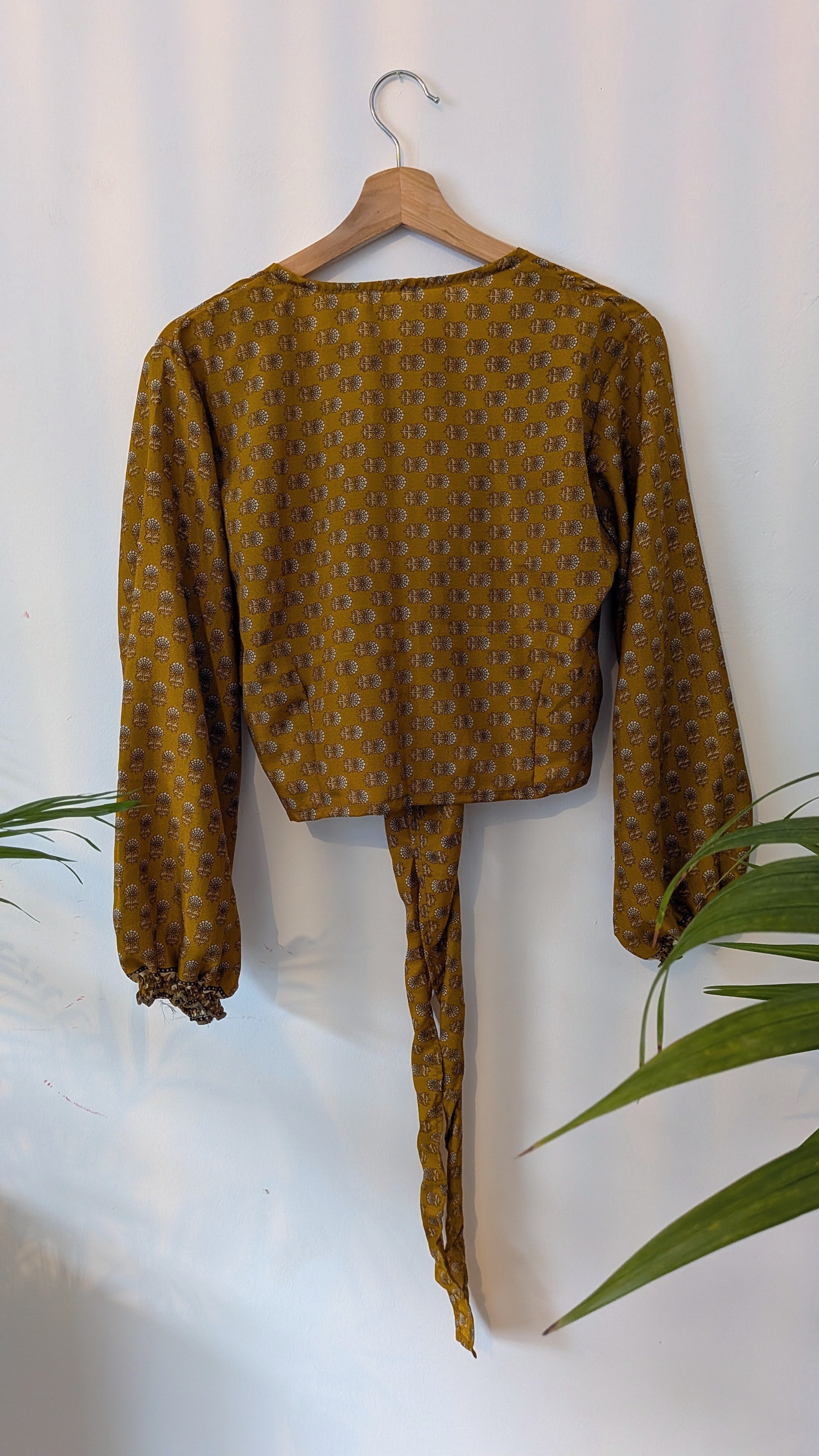 Wrap blouse with bishop sleeves
