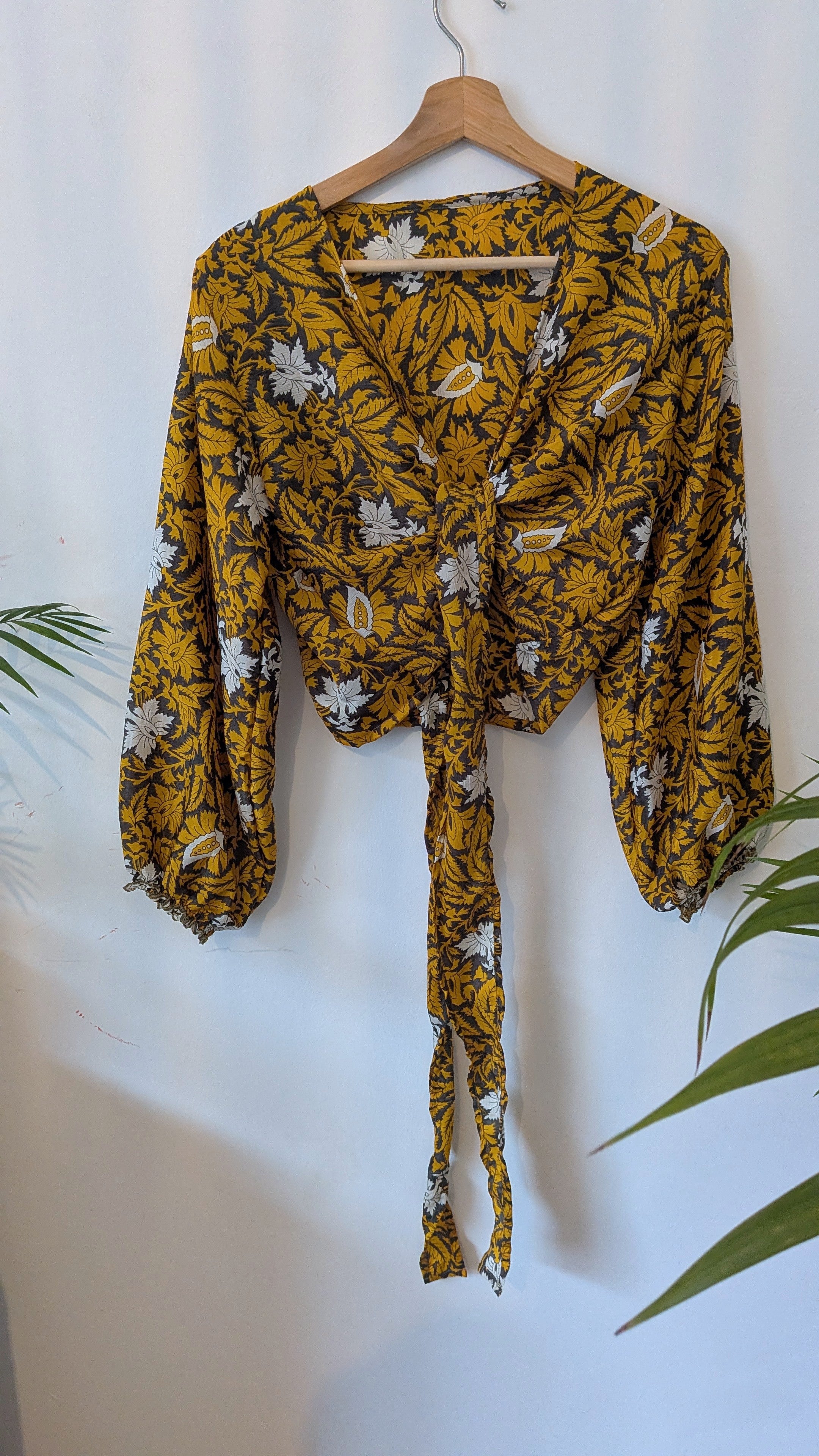 Wrap blouse with bishop sleeves