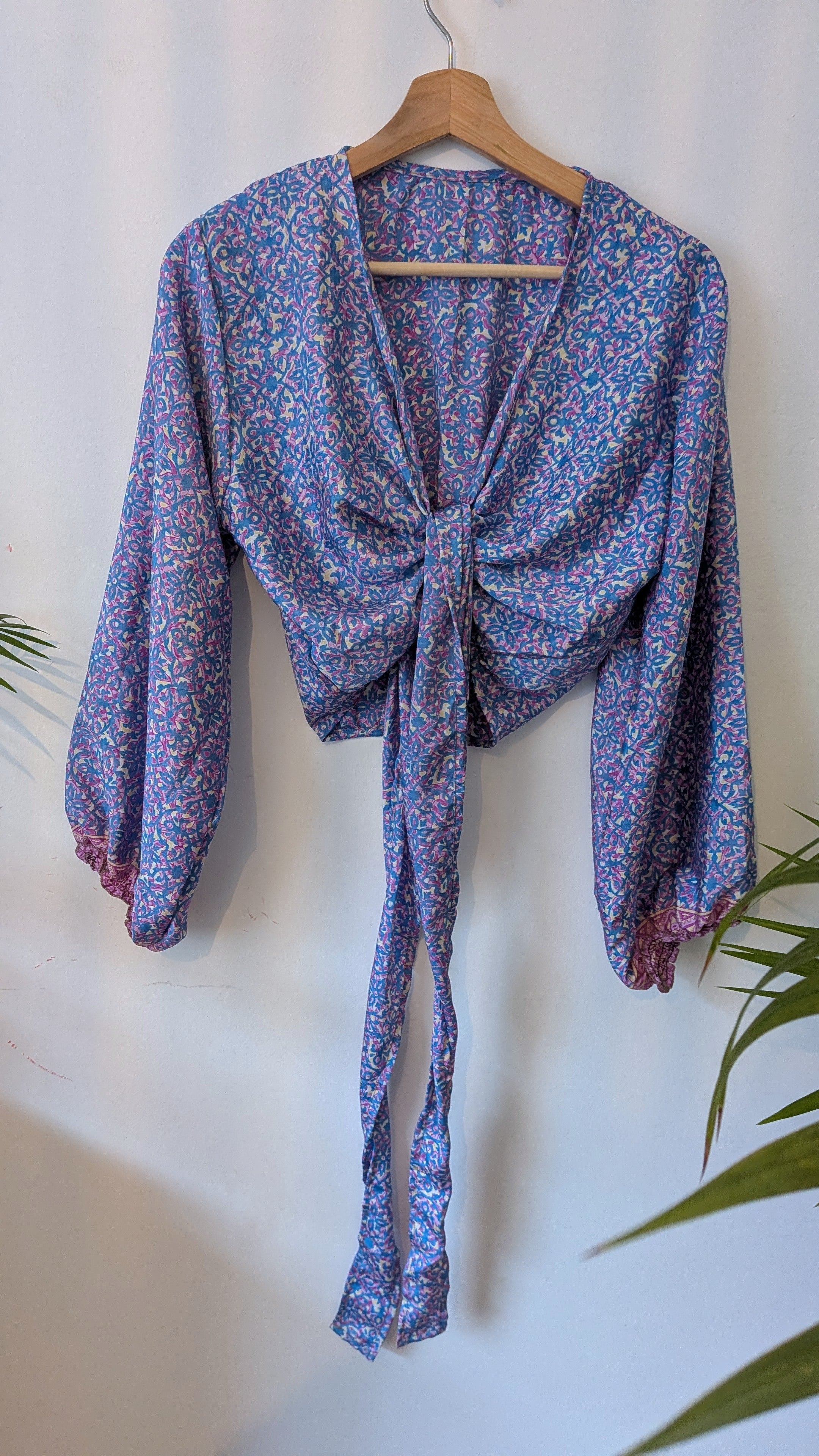 Wrap blouse with bishop sleeves